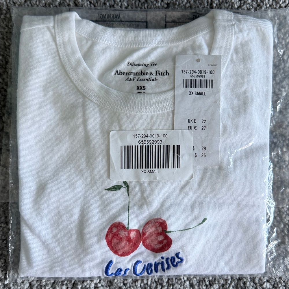 Abercrombie Cherry Graphic Tee White Y2K Baby Tee Slim Fit XXS - Picture 2 of 9